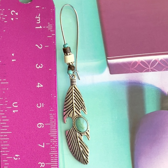🆕 Bohemian Tibetan Silver Turquoise Feather Drop Dangle Earrings - Picture 4 of 4